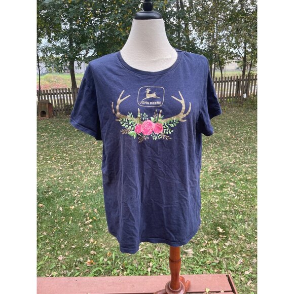 John Deere Womens 2XL Navy Floral Antlers T-Shirt - Picture 1 of 6